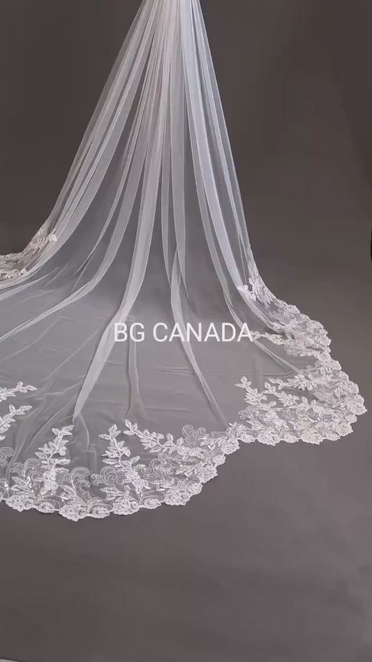 Sparkly lace Wedding Veil Scalloped Bridal Veil with Sequins unique lace edged veil