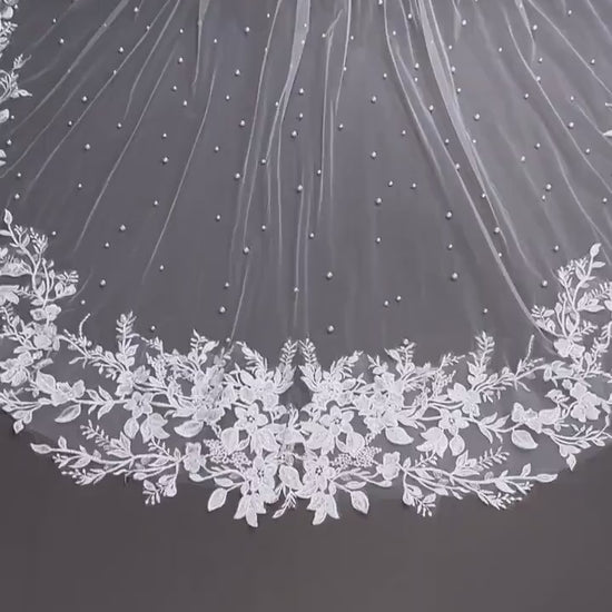Cathedral Wedding Veil: Floral Lace, Pearls, 300cm