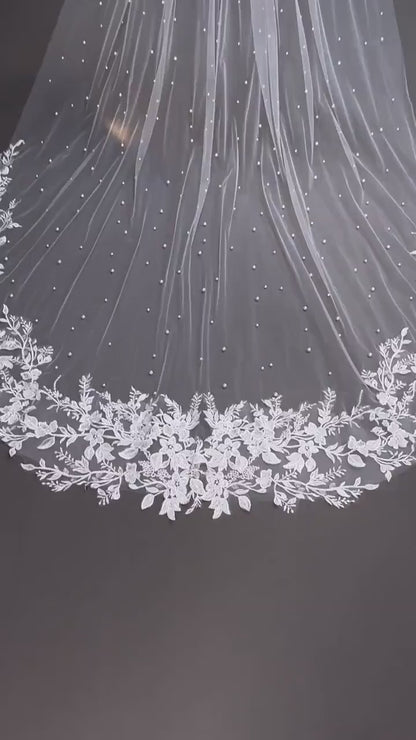 Cathedral Wedding Veil: Floral Lace, Pearls, 300cm