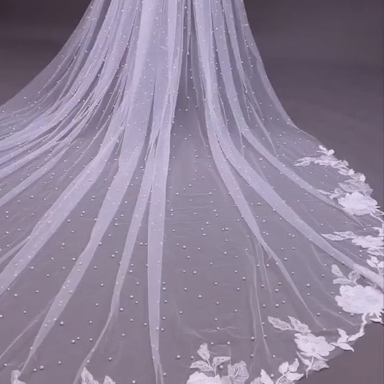 Floral Lace Cathedral Wedding Veil: Long Pearl Bridal Veil