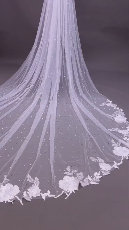 Floral Lace Cathedral Wedding Veil: Long Pearl Bridal Veil