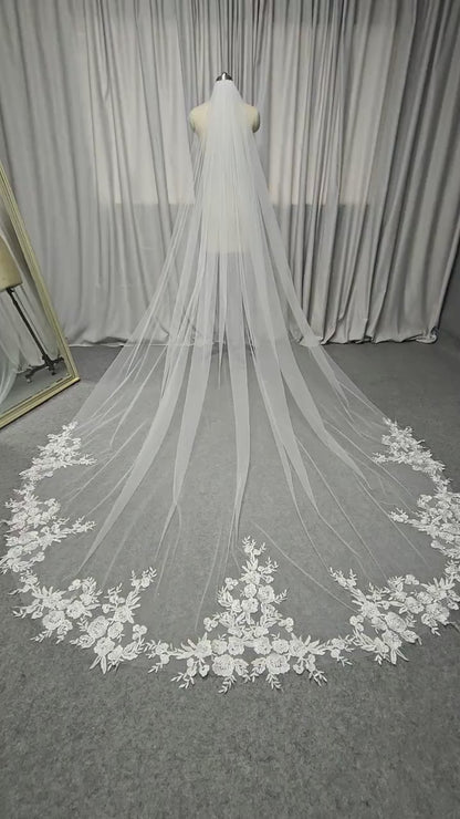 Long veil cathedral wedding veil with lace ivory wedding veil