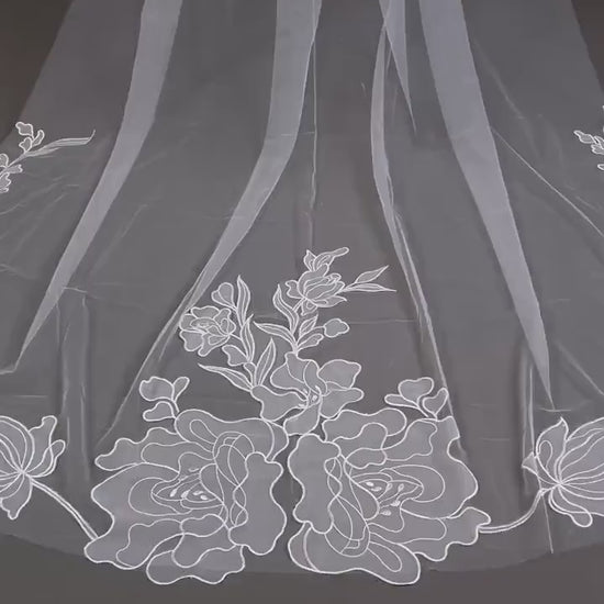 Big flower Cathedral Wedding Veil: Handmade Ivory Floral Mantilla, Soft Tulle white