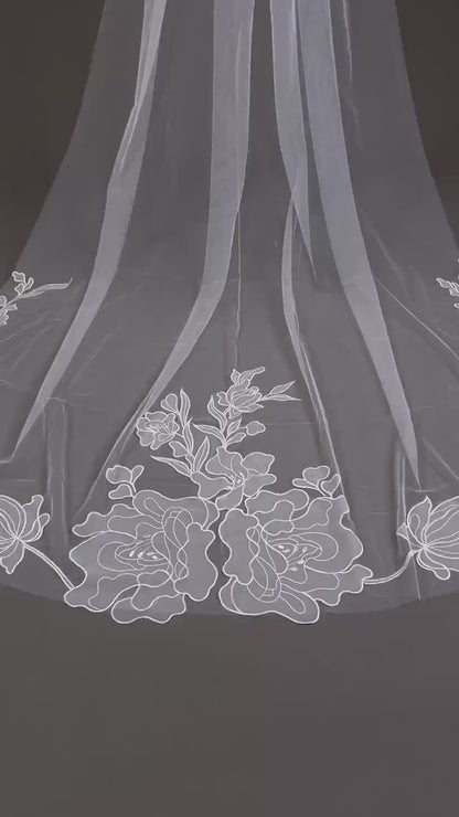 Big flower Cathedral Wedding Veil: Handmade Ivory Floral Mantilla, Soft Tulle white