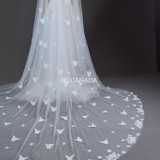 3d butterfly veil floral edged veil Butterfly Wedding Veil 3D Appliqués, Floral Lace Trim Two Tier Bridal Veil