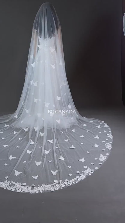 3d butterfly veil floral edged veil Butterfly Wedding Veil 3D Appliqués, Floral Lace Trim Two Tier Bridal Veil