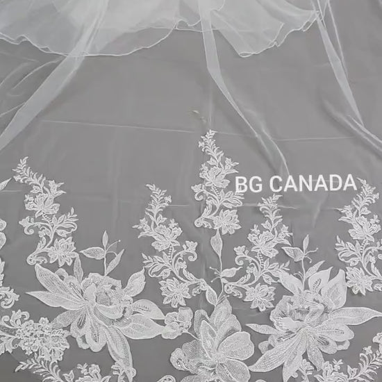 Floral Lace Edge scalloped veil special cut veil extra wide veil mermaid tail cut veil ivory veil with florals