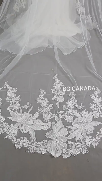 Floral Lace Edge scalloped veil special cut veil extra wide veil mermaid tail cut veil ivory veil with florals