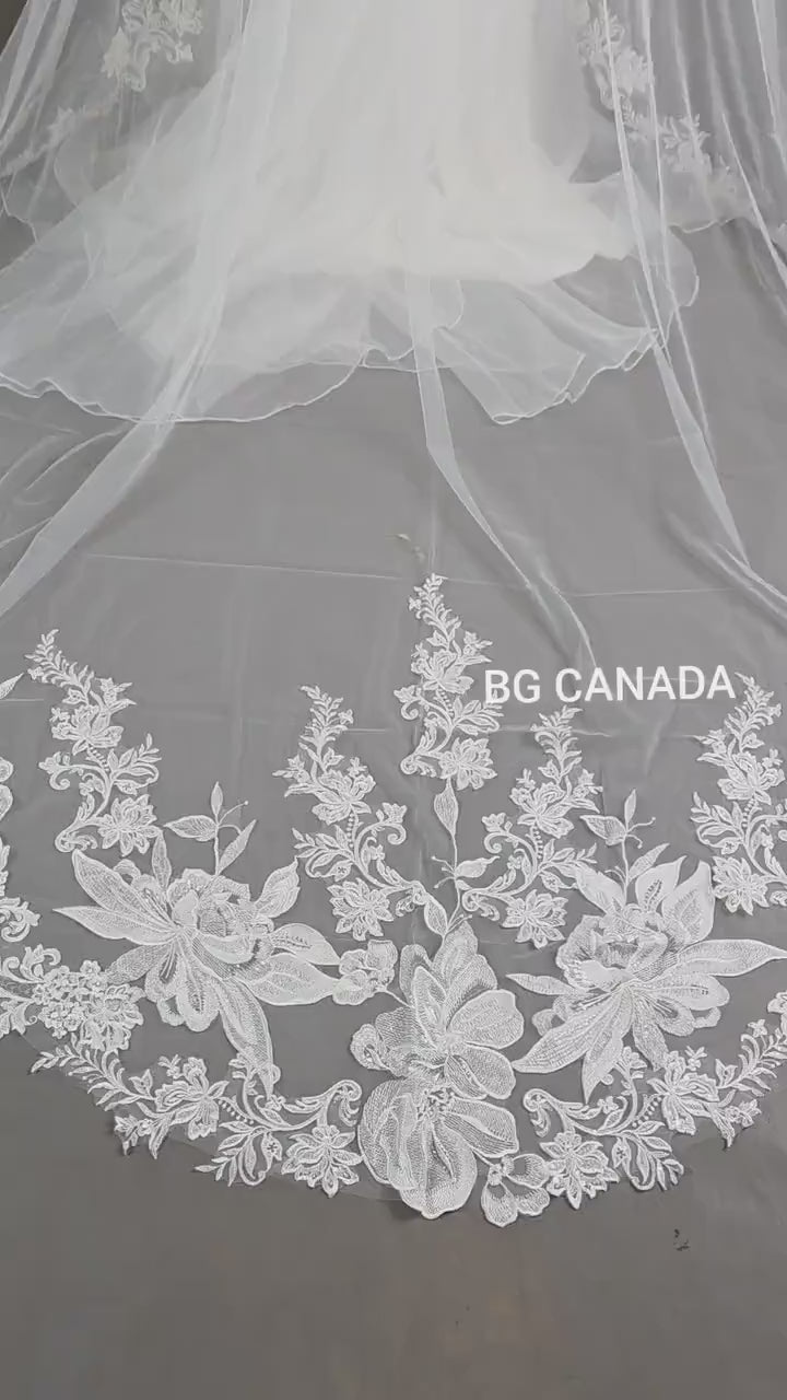 Floral Lace Edge scalloped veil special cut veil extra wide veil mermaid tail cut veil ivory veil with florals
