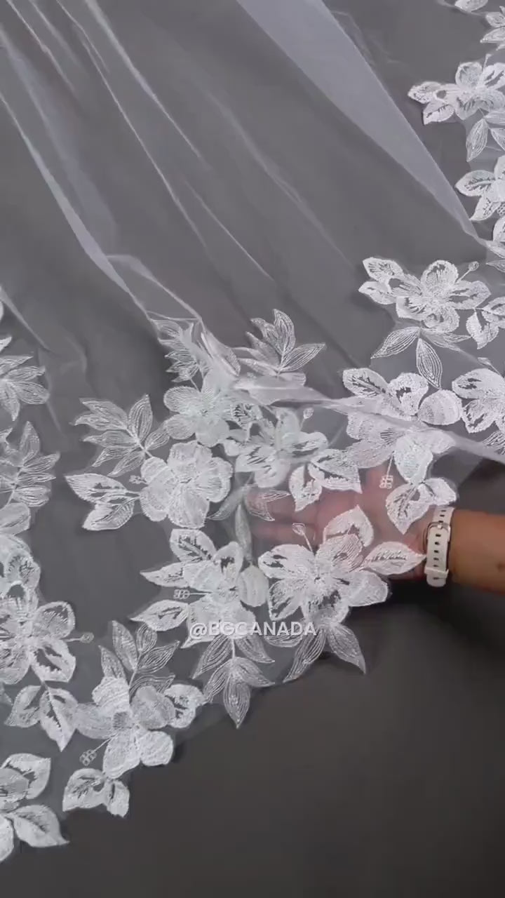 Floral Lace Cathedral Wedding Veil - Elegant Ivory 2-Tier Veil