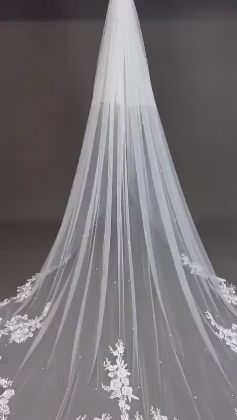 Pearl veil scalloped wedding veil with pearls floral lace cathedral long white ivory
