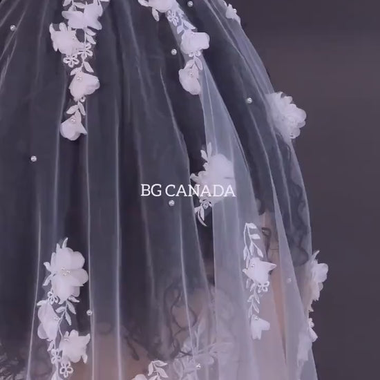 3D Floral Pearl Bridal Veil: Embroidered Tulle Chapel Veil