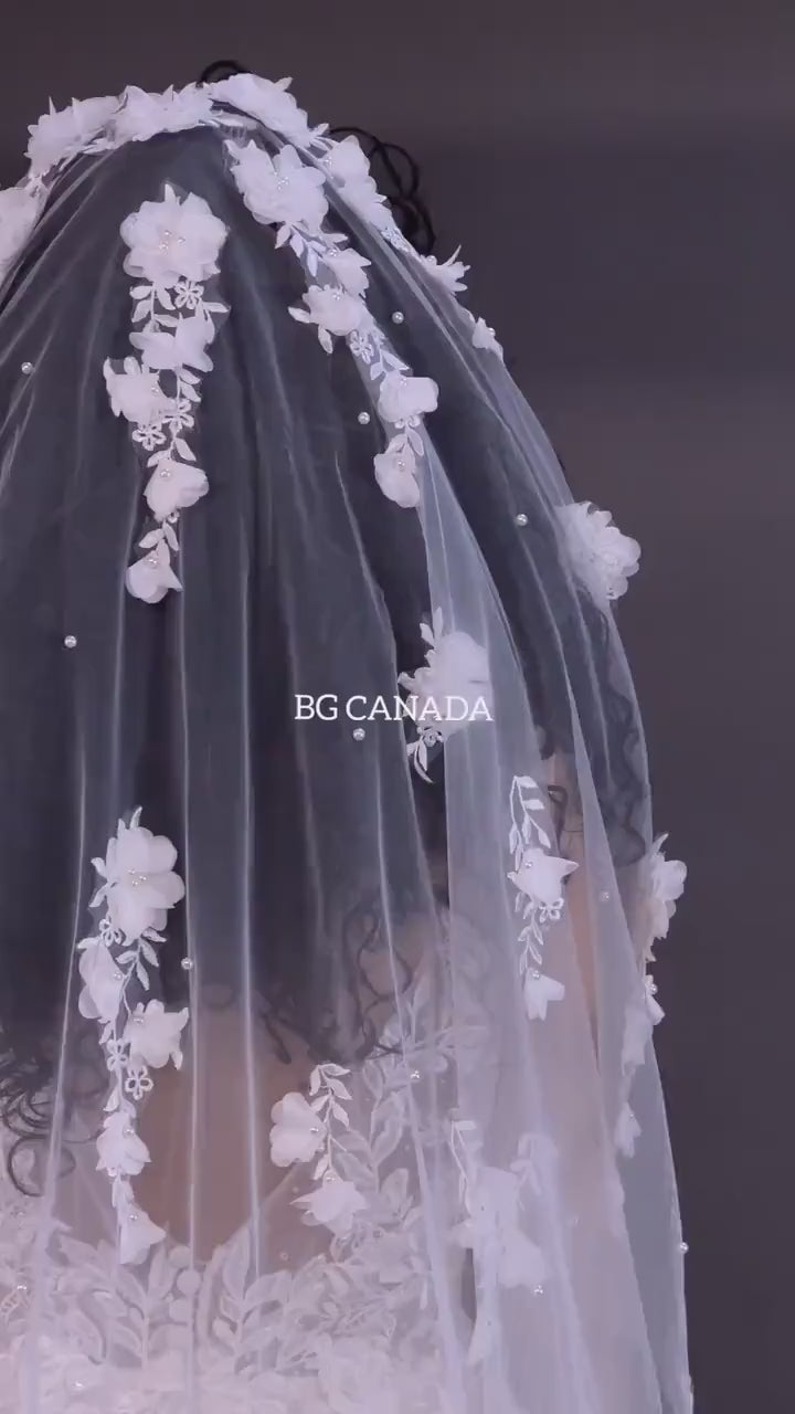 3D Floral Pearl Bridal Veil: Embroidered Tulle Chapel Veil