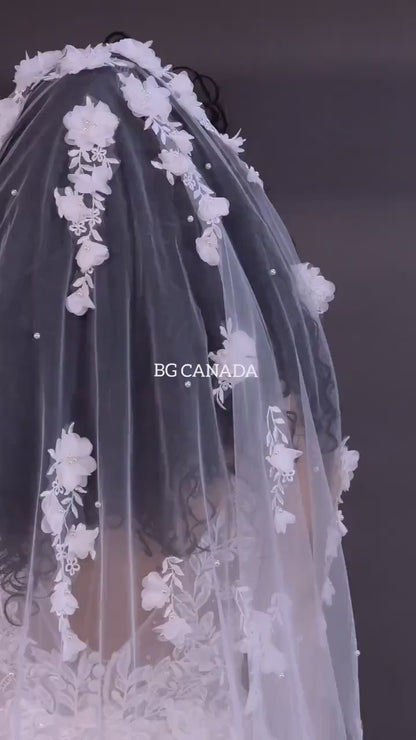 3D Floral Pearl Bridal Veil: Embroidered Tulle Chapel Veil