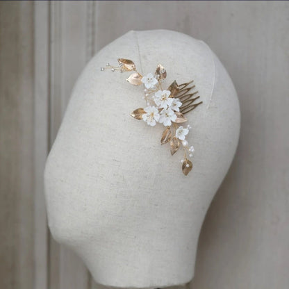 Gold Leaves White Flower Hair Comb Bride, Wedding Hair Comb Bridal Hair Comb Wedding Hair Accessories