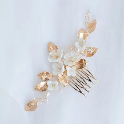 Gold Leaves White Flower Hair Comb Bride, Wedding Hair Comb Bridal Hair Comb Wedding Hair Accessories