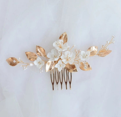 Gold Leaves White Flower Hair Comb Bride, Wedding Hair Comb Bridal Hair Comb Wedding Hair Accessories