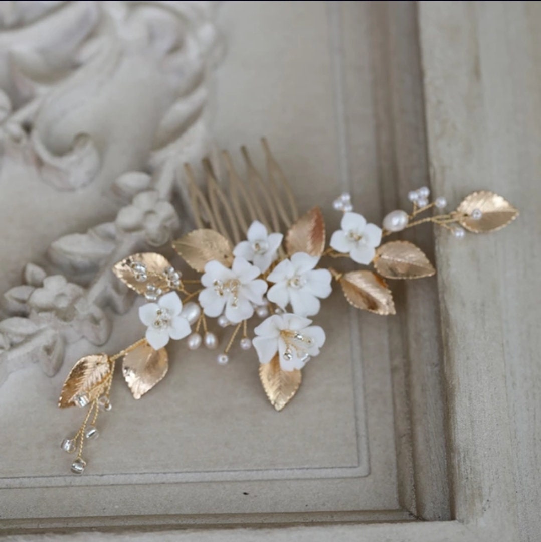 Gold Leaves White Flower Hair Comb Bride, Wedding Hair Comb Bridal Hair Comb Wedding Hair Accessories