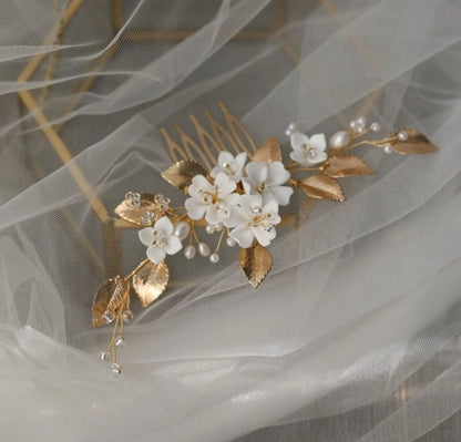 Gold Leaves White Flower Hair Comb Bride, Wedding Hair Comb Bridal Hair Comb Wedding Hair Accessories