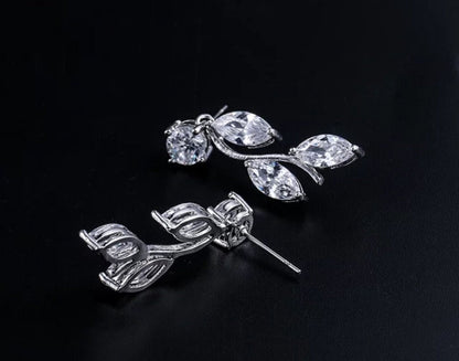 Wedding Jewelry Set, Bridesmaid Jewelry Set, Brides Earrings Adjustable Bracelet, Leaf Drops Silver Bracelet and Earrings Set