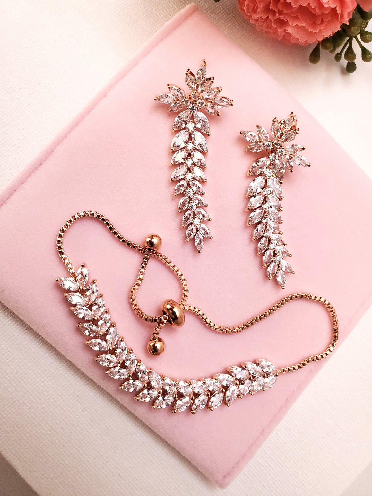 Rose gold bridal Earrings long drop Wedding Jewelry Bridal Earrings Bracelet Zirconia jewelry set bridal jewelry gift bridal jewelry set
