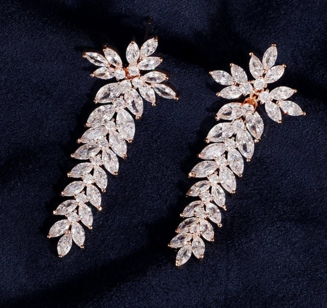 Rose gold bridal Earrings long drop Wedding Jewelry Bridal Earrings Bracelet Zirconia jewelry set bridal jewelry gift bridal jewelry set