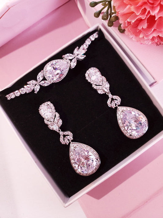 Teardrop bridal earrings Silver long dangle drop BRIDAL JEWELRY SET Zirconia Bridal Earrings bracelet