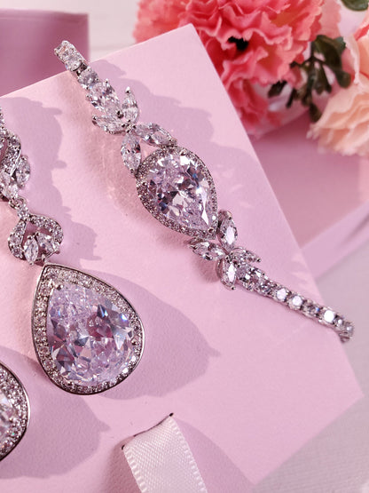 Teardrop bridal earrings Silver long dangle drop BRIDAL JEWELRY SET Zirconia Bridal Earrings bracelet