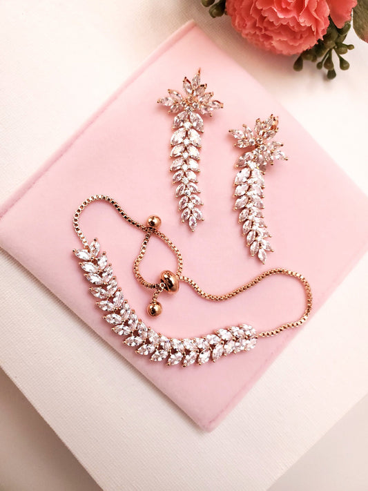 Rose gold bridal Earrings long drop Wedding Jewelry Bridal Earrings Bracelet Zirconia jewelry set bridal jewelry gift bridal jewelry set