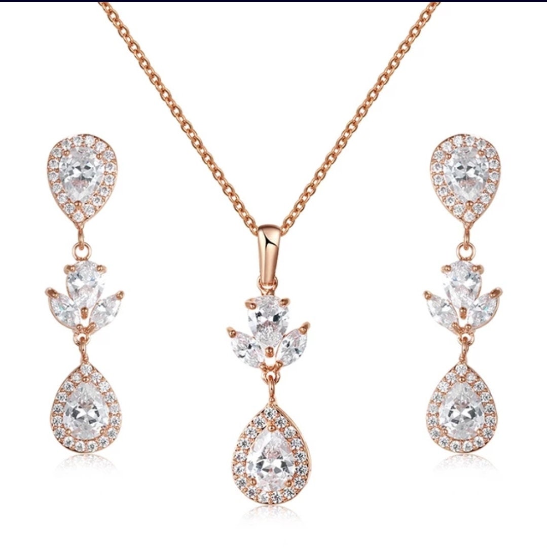 Bridal necklace set wedding earring wedding necklace silver earrings bridal jewelry set CZ drop earring silver bridal jewelry set