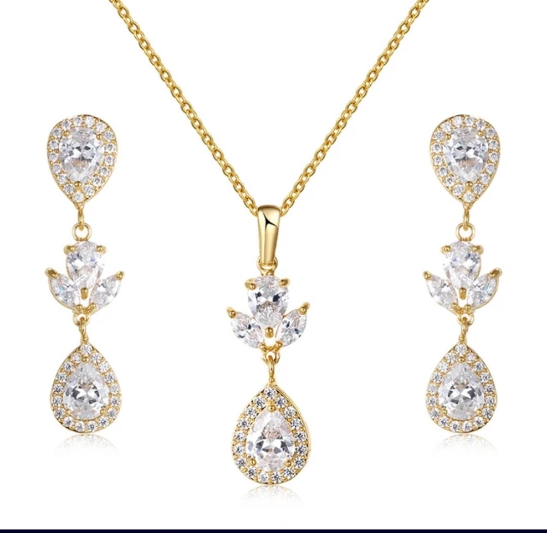 Bridal necklace set wedding earring wedding necklace silver earrings bridal jewelry set CZ drop earring silver bridal jewelry set