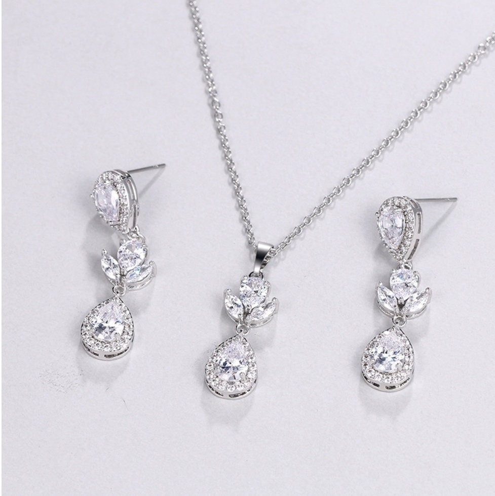 Bridal necklace set wedding earring wedding necklace silver earrings bridal jewelry set CZ drop earring silver bridal jewelry set