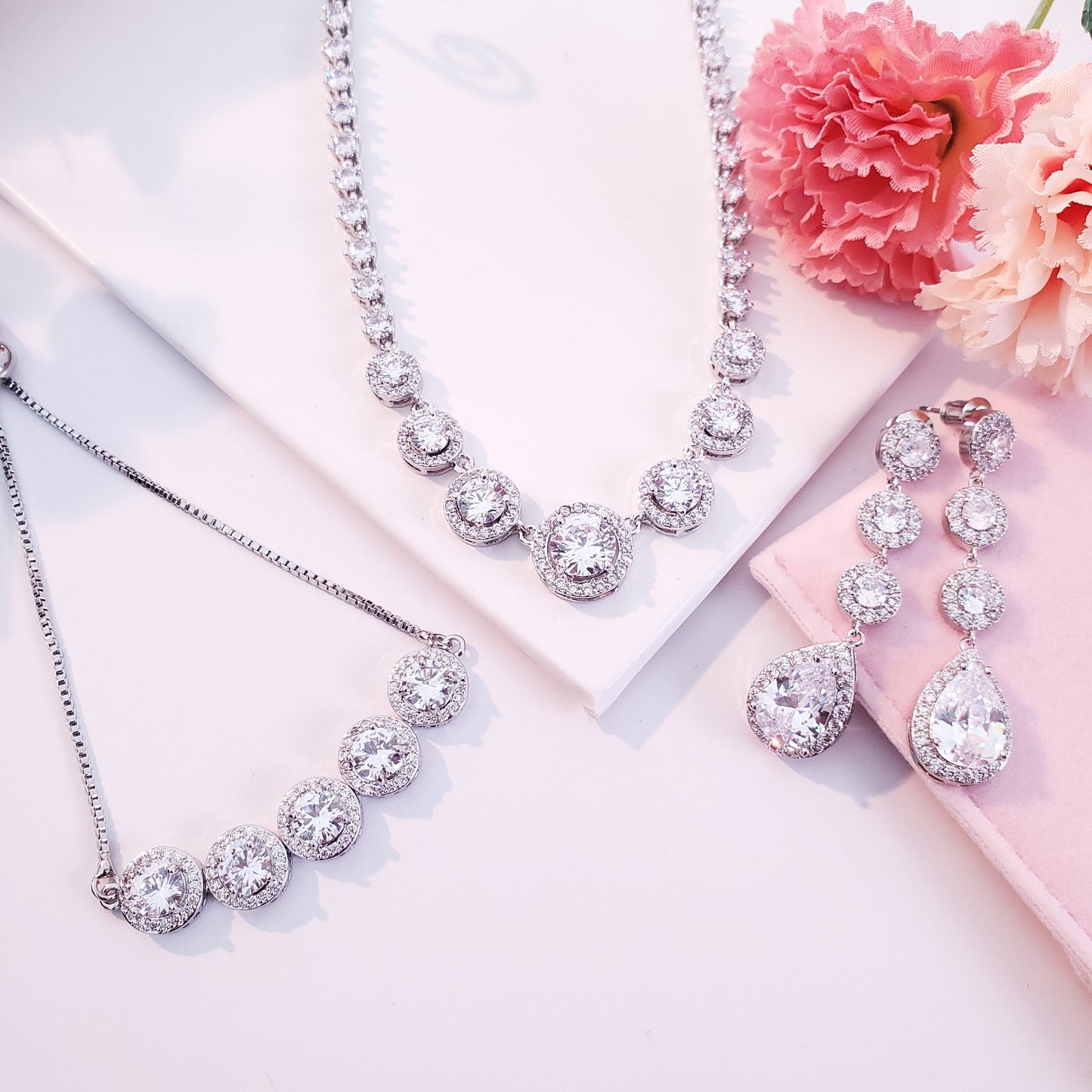 Bridal Necklace set silver round jewelry set wedding Jewellery bridal earrings wedding earrings silver drop earrings Zirconia jewelry set