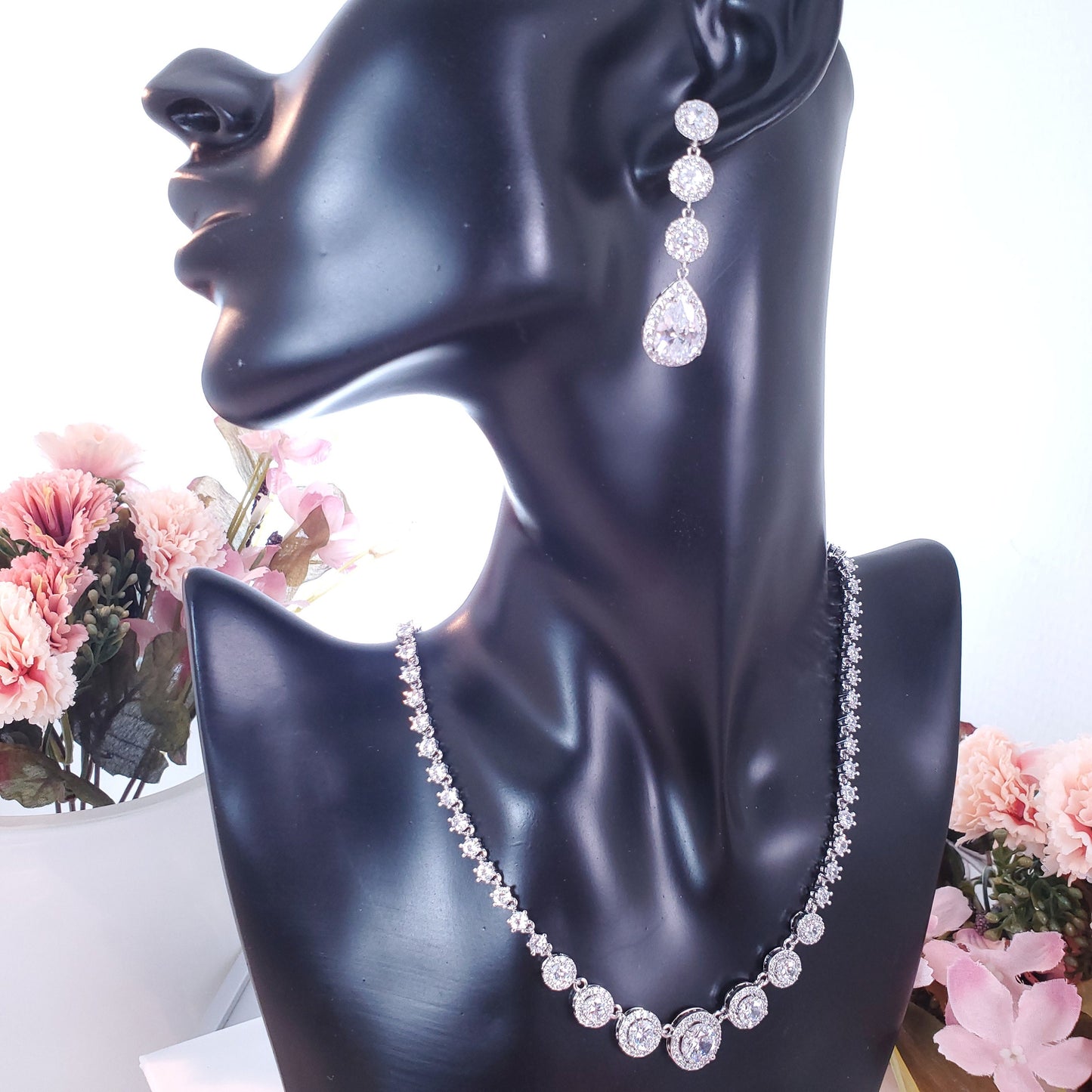Bridal Necklace set silver round jewelry set wedding Jewellery bridal earrings wedding earrings silver drop earrings Zirconia jewelry set