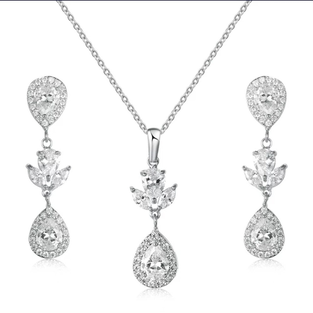 Bridal necklace set wedding earring wedding necklace silver earrings bridal jewelry set CZ drop earring silver bridal jewelry set