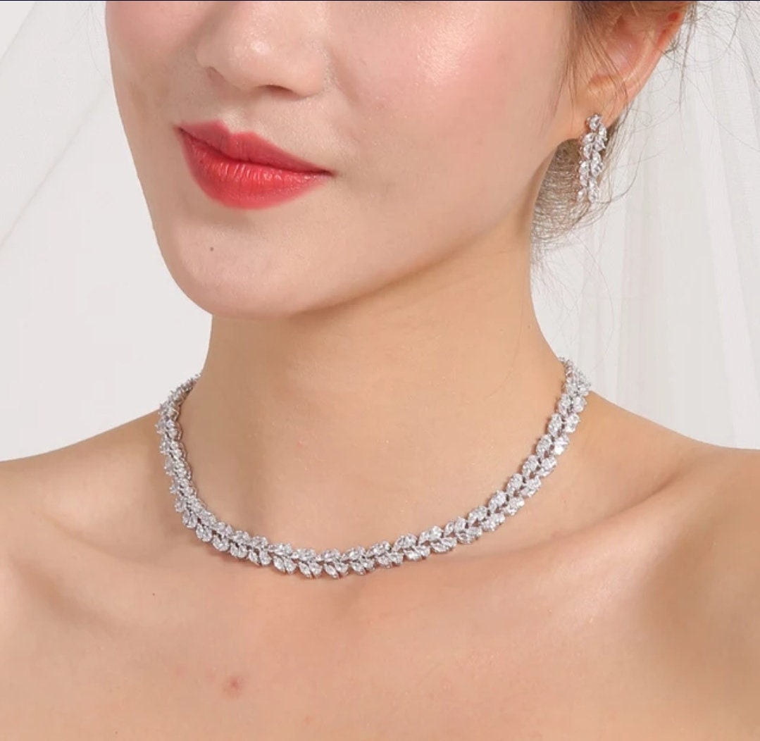 Bridal Necklace bridal Earrings Bracelet Set Silver dainty wedding earrings cubic zirconia jewelry set CZ wedding necklace