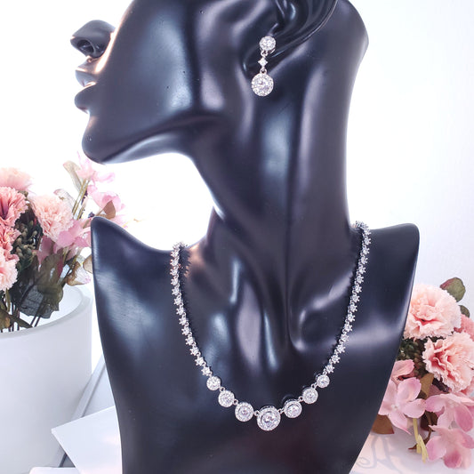 Bridal Necklace set silver round jewelry set wedding Jewellery bridal earrings wedding earrings silver drop earrings Zirconia jewelry set