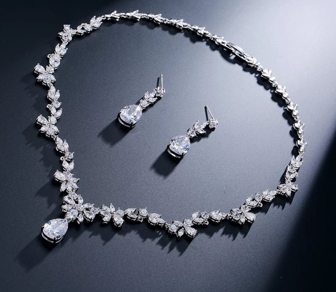 Wedding jewelry Bridal Necklace bridal Earrings Set Silver bridal jewelry wedding earrings cubic zirconia jewelry set CZ wedding necklace