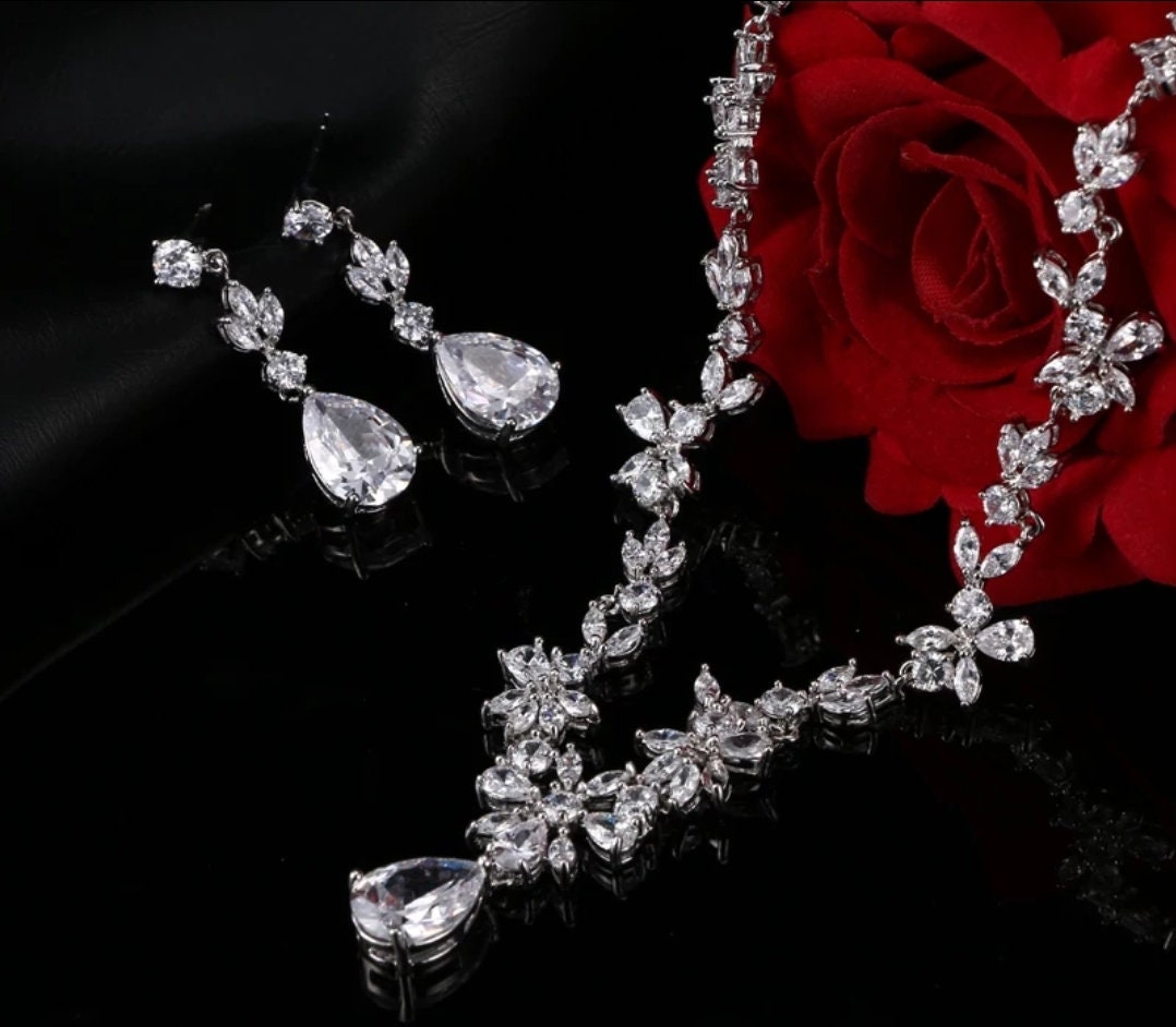 Wedding jewelry Bridal Necklace bridal Earrings Set Silver bridal jewelry wedding earrings cubic zirconia jewelry set CZ wedding necklace