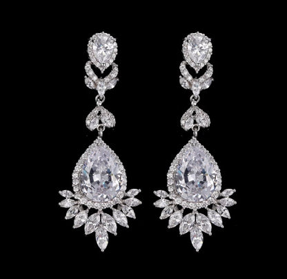 Teardrop bridal earrings Silver long dangle drop BRIDAL JEWELRY SET Zirconia Bridal Earrings bracelet