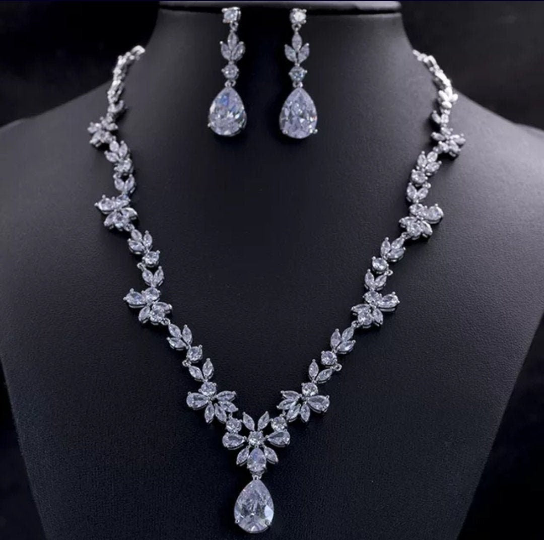 Wedding jewelry Bridal Necklace bridal Earrings Set Silver bridal jewelry wedding earrings cubic zirconia jewelry set CZ wedding necklace