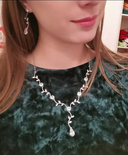 Dainty Bridal Necklace long tree branch wedding jewelry set bridal Earring Set Silver bridal jewelry wedding earrings cubic zirconia jewelry