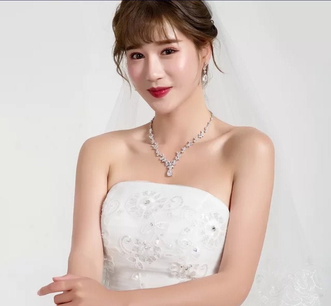 Wedding jewelry Bridal Necklace bridal Earrings Set Silver bridal jewelry wedding earrings cubic zirconia jewelry set CZ wedding necklace