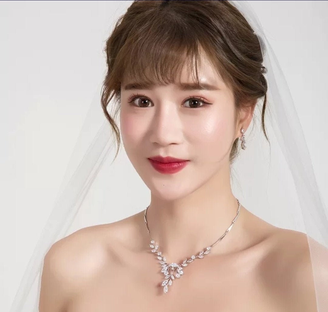 Bridal Necklace Long dainty bridal earrings set Zirconia jewelry wedding jewelry brides statement bridal necklace earrings bridal jewelry
