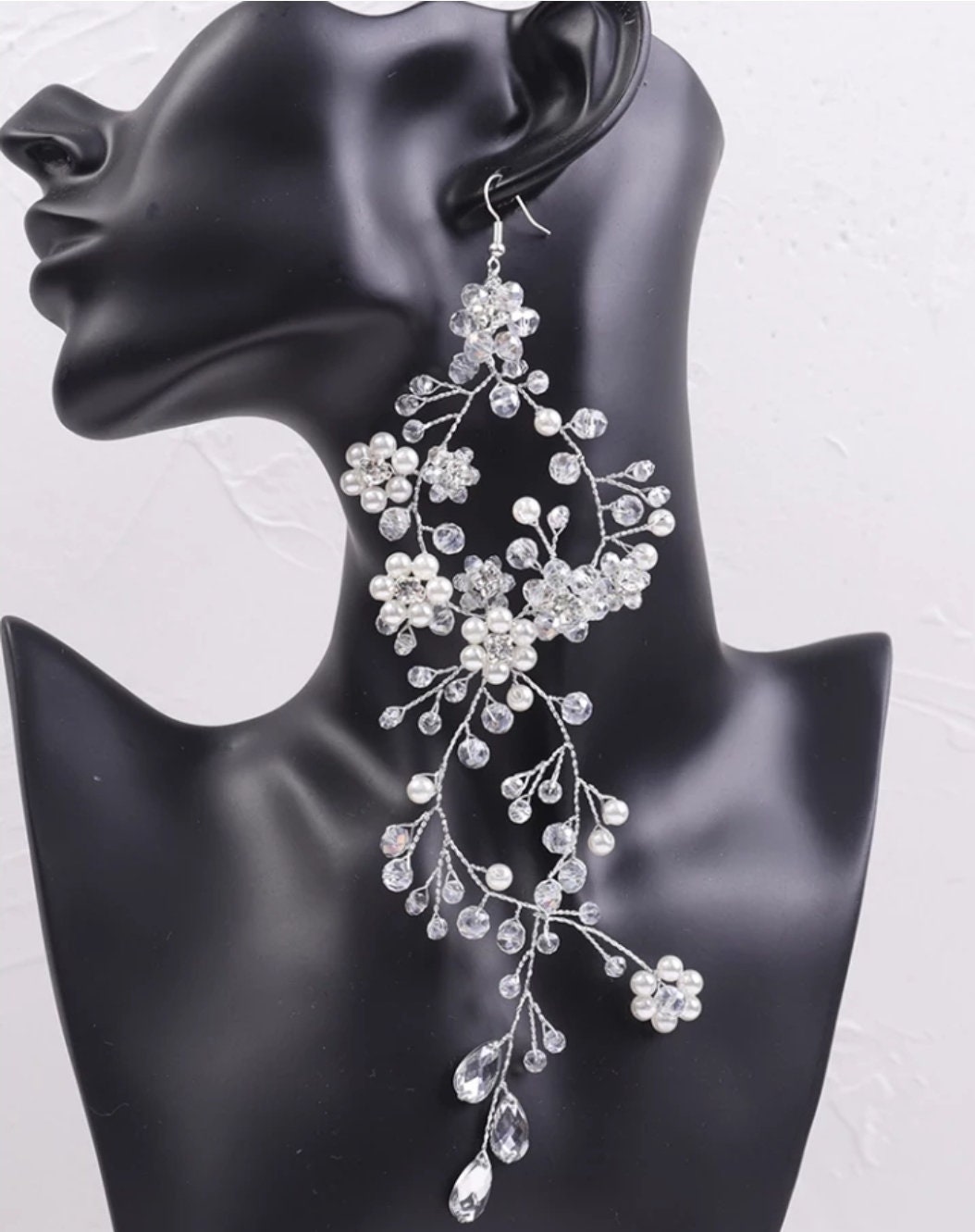 Swarovski crystal earring Pearl earring Long Bridal Jewelry Bridal Earring Crystal Bridal Earring extra long Statement Earring pearl earring