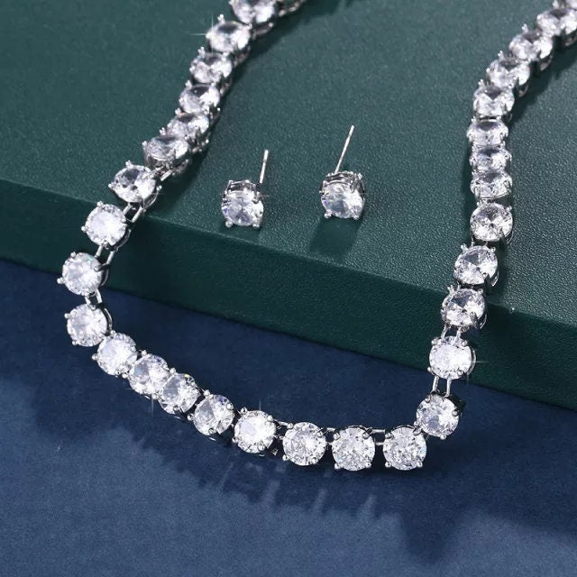 Bridal Necklace Set Silver tennis Wedding Earrings jewellery set for brides wedding jewelry round cubic zirconia earrings