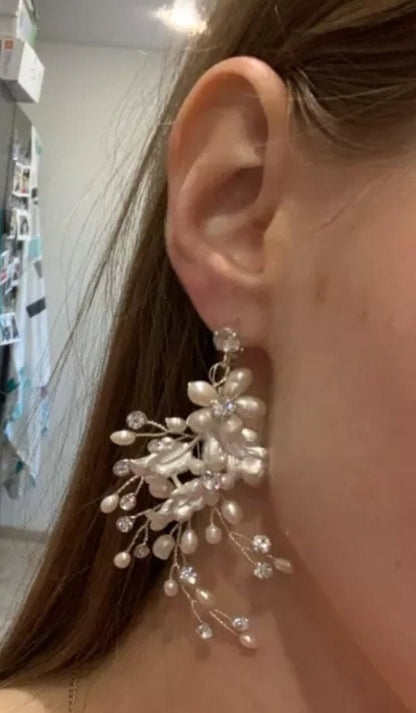 Freshwater Pearl earrings Swarovski Boho Wedding Earrings floral vine earrings boho bridal earrings Long Bridal Earrings statement earring