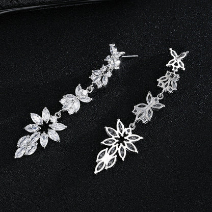 Diamond Prom earrings silver long crystal earrings trendy earrings bridal earrings dainty long earrings floral earrings wedding jewelry