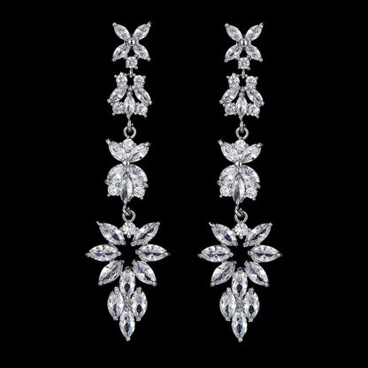 Diamond Prom earrings silver long crystal earrings trendy earrings bridal earrings dainty long earrings floral earrings wedding jewelry