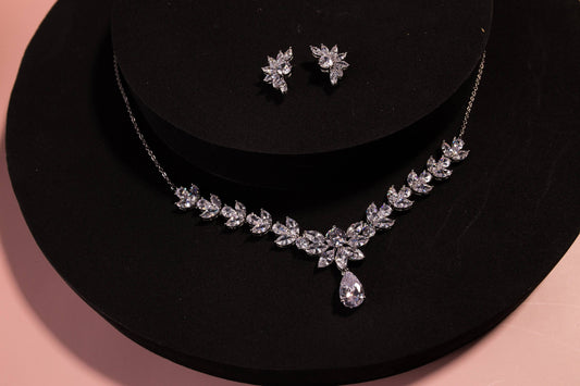 Silver necklace set Wedding Jewelry bridal necklace and earrings set bridal Jewelry Set, zirconia necklace for Bride silver earring
